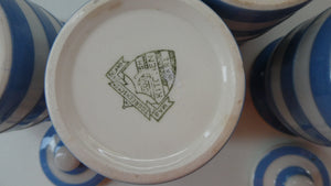 Vintage TG Green CORNISHWARE FOUR PLAIN SPICE JARS with Green and Black Shield Marks