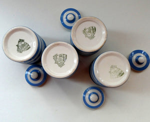 Vintage TG Green CORNISHWARE FOUR PLAIN SPICE JARS with Green and Black Shield Marks