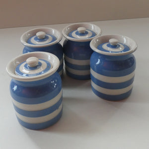Vintage TG Green CORNISHWARE FOUR PLAIN SPICE JARS with Green and Black Shield Marks