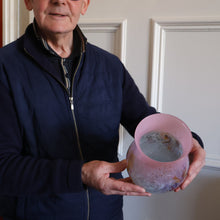 Load image into Gallery viewer, SCOTTISH GLASS. MONART Vase. SA Shape. Mottled Pale Blue, Pink with Swirls &amp; Lots of Gold Aventurine Flakes. 7 inches high

