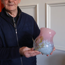 Load image into Gallery viewer, SCOTTISH GLASS. MONART Vase. SA Shape. Mottled Pale Blue, Pink with Swirls &amp; Lots of Gold Aventurine Flakes. 7 inches high
