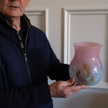 Load image into Gallery viewer, SCOTTISH GLASS. MONART Vase. SA Shape. Mottled Pale Blue, Pink with Swirls &amp; Lots of Gold Aventurine Flakes. 7 inches high
