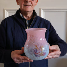 Load image into Gallery viewer, SCOTTISH GLASS. MONART Vase. SA Shape. Mottled Pale Blue, Pink with Swirls &amp; Lots of Gold Aventurine Flakes. 7 inches high
