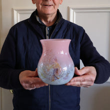 Load image into Gallery viewer, SCOTTISH GLASS. MONART Vase. SA Shape. Mottled Pale Blue, Pink with Swirls &amp; Lots of Gold Aventurine Flakes. 7 inches high
