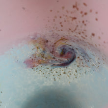 Load image into Gallery viewer, SCOTTISH GLASS. MONART Vase. SA Shape. Mottled Pale Blue, Pink with Swirls &amp; Lots of Gold Aventurine Flakes. 7 inches high
