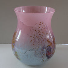 Load image into Gallery viewer, SCOTTISH GLASS. MONART Vase. SA Shape. Mottled Pale Blue, Pink with Swirls &amp; Lots of Gold Aventurine Flakes. 7 inches high
