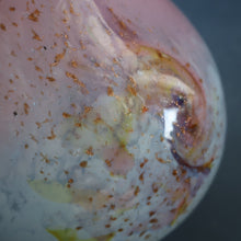 Load image into Gallery viewer, SCOTTISH GLASS. MONART Vase. SA Shape. Mottled Pale Blue, Pink with Swirls &amp; Lots of Gold Aventurine Flakes. 7 inches high
