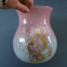 Load image into Gallery viewer, SCOTTISH GLASS. MONART Vase. SA Shape. Mottled Pale Blue, Pink with Swirls &amp; Lots of Gold Aventurine Flakes. 7 inches high
