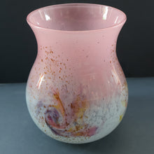 Load image into Gallery viewer, SCOTTISH GLASS. MONART Vase. SA Shape. Mottled Pale Blue, Pink with Swirls &amp; Lots of Gold Aventurine Flakes. 7 inches high

