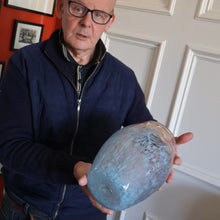 Load image into Gallery viewer, SCOTTISH GLASS. Very Large MONART Glass Vase. Bulbous Shape (MF). Mottled Pale Blue with Peach Flecks. 10 1/2 inches high
