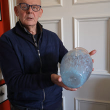 Load image into Gallery viewer, SCOTTISH GLASS. Very Large MONART Glass Vase. Bulbous Shape (MF). Mottled Pale Blue with Peach Flecks. 10 1/2 inches high

