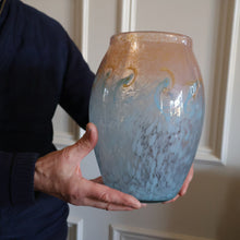 Load image into Gallery viewer, SCOTTISH GLASS. Very Large MONART Glass Vase. Bulbous Shape (MF). Mottled Pale Blue with Peach Flecks. 10 1/2 inches high

