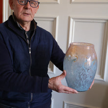 Load image into Gallery viewer, SCOTTISH GLASS. Very Large MONART Glass Vase. Bulbous Shape (MF). Mottled Pale Blue with Peach Flecks. 10 1/2 inches high
