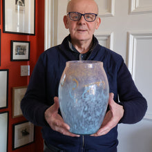 Load image into Gallery viewer, SCOTTISH GLASS. Very Large MONART Glass Vase. Bulbous Shape (MF). Mottled Pale Blue with Peach Flecks. 10 1/2 inches high
