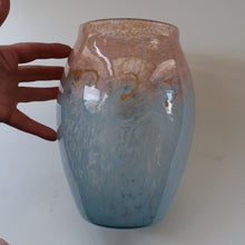 Load image into Gallery viewer, SCOTTISH GLASS. Very Large MONART Glass Vase. Bulbous Shape (MF). Mottled Pale Blue with Peach Flecks. 10 1/2 inches high
