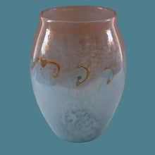 Load image into Gallery viewer, SCOTTISH GLASS. Very Large MONART Glass Vase. Bulbous Shape (MF). Mottled Pale Blue with Peach Flecks. 10 1/2 inches high
