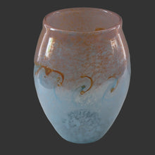 Load image into Gallery viewer, SCOTTISH GLASS. Very Large MONART Glass Vase. Bulbous Shape (MF). Mottled Pale Blue with Peach Flecks. 10 1/2 inches high
