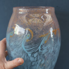 Load image into Gallery viewer, SCOTTISH GLASS. Very Large MONART Glass Vase. Bulbous Shape (MF). Mottled Pale Blue with Peach Flecks. 10 1/2 inches high
