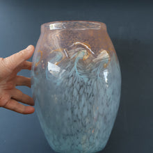 Load image into Gallery viewer, SCOTTISH GLASS. Very Large MONART Glass Vase. Bulbous Shape (MF). Mottled Pale Blue with Peach Flecks. 10 1/2 inches high
