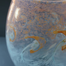Load image into Gallery viewer, SCOTTISH GLASS. Very Large MONART Glass Vase. Bulbous Shape (MF). Mottled Pale Blue with Peach Flecks. 10 1/2 inches high
