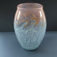 Load image into Gallery viewer, SCOTTISH GLASS. Very Large MONART Glass Vase. Bulbous Shape (MF). Mottled Pale Blue with Peach Flecks. 10 1/2 inches high
