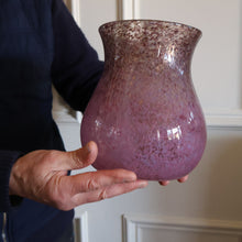 Load image into Gallery viewer, SCOTTISH GLASS. Large MONART Glass Vase. SA Shape. Mottled Pale Pink, Blush Pink and Purple &amp; Lots of Copper Aventurine Flakes. 8 inches high
