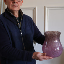 Load image into Gallery viewer, SCOTTISH GLASS. Large MONART Glass Vase. SA Shape. Mottled Pale Pink, Blush Pink and Purple &amp; Lots of Copper Aventurine Flakes. 8 inches high
