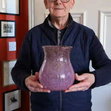 Load image into Gallery viewer, SCOTTISH GLASS. Large MONART Glass Vase. SA Shape. Mottled Pale Pink, Blush Pink and Purple &amp; Lots of Copper Aventurine Flakes. 8 inches high
