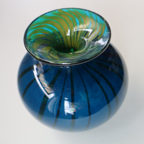 Early 1970s Signed Mdina Glass Vase (Ming Pattern). Unusual colours & nice squat shape with flared trumpet neck