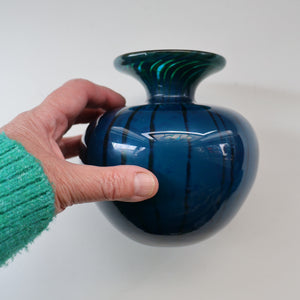Early 1970s Signed Mdina Glass Vase (Ming Pattern). Unusual colours & nice squat shape with flared trumpet neck