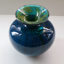 Load image into Gallery viewer, Early 1970s Signed Mdina Glass Vase (Ming Pattern). Unusual colours &amp; nice squat shape with flared trumpet neck
