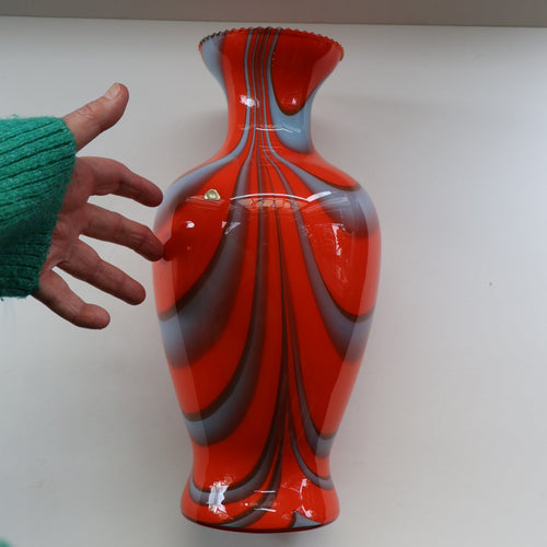 Large Bulbous Italian V.B Opaline ZEBRA Stripe Glass Vase. 13 1/4 inches in height 