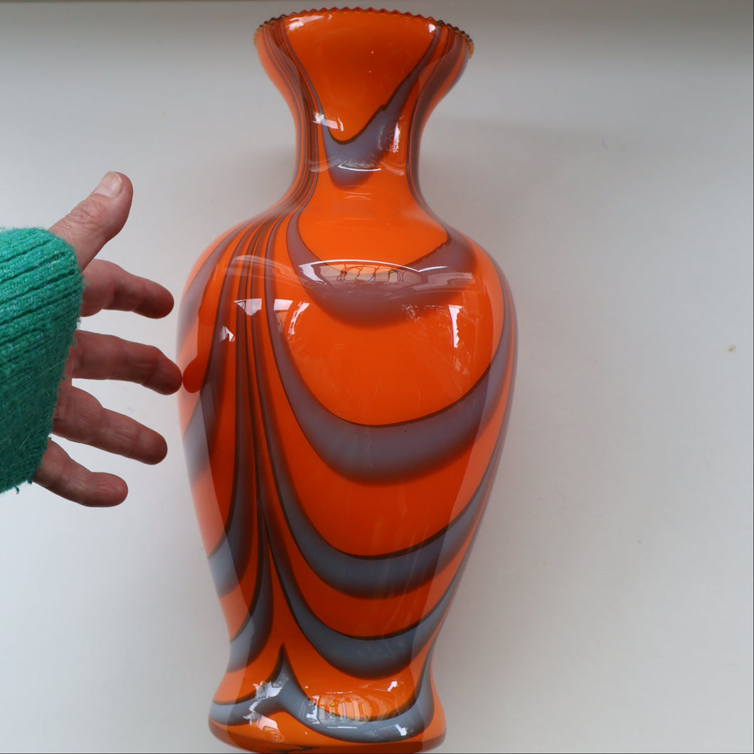 Large Bulbous Italian V.B Opaline ZEBRA Stripe Glass Vase. 13 1/4 inches in height