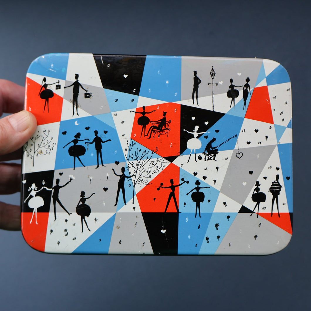 Pretty 1960s Vintage Sweetie Tin by Edward Sharp & Son, Kent. Decorated with Silhouettes of Couples Dancing