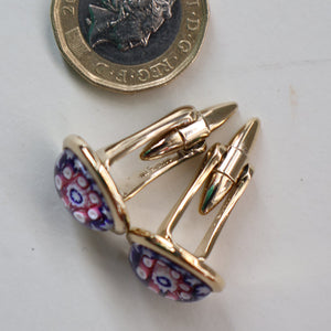 Pair of Vintage Gold-Tone Cufflinks. Each set with Millefiori Glass Cane Embellishment. Perfect Condition