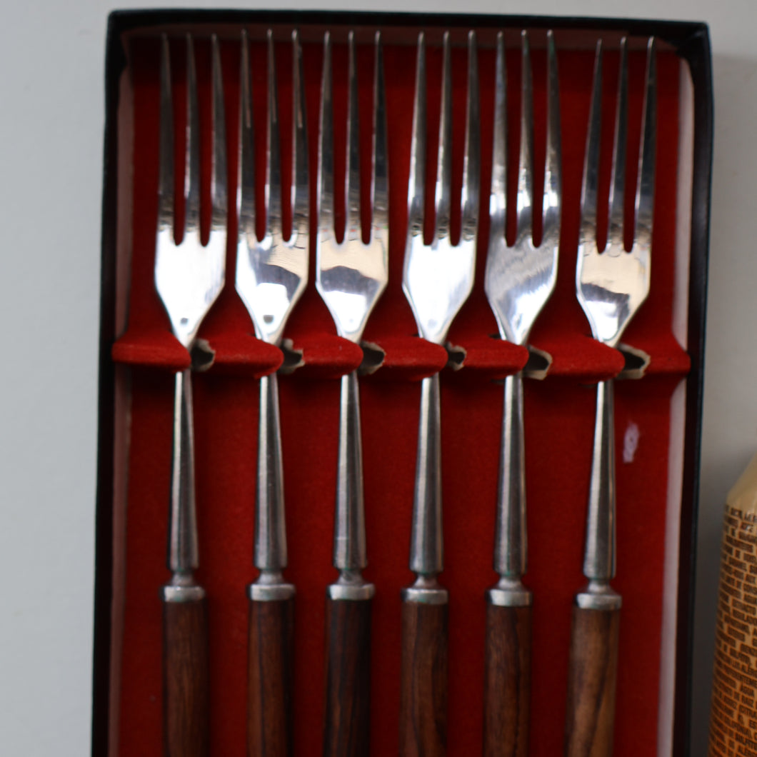 Vintage 1960s Hankyu JAPANESE Cutlery. Stainless Steel Very Long Forks with Teak Handles. Original Retail Box