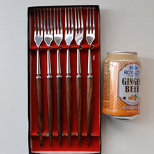 Load image into Gallery viewer, Vintage 1960s Hankyu JAPANESE Cutlery. Stainless Steel Very Long Forks with Teak Handles. Original Retail Box
