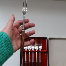 Load image into Gallery viewer, Vintage 1960s Hankyu JAPANESE Cutlery. Stainless Steel Very Long Forks with Teak Handles. Original Retail Box
