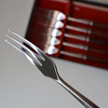 Load image into Gallery viewer, Vintage 1960s Hankyu JAPANESE Cutlery. Stainless Steel Very Long Forks with Teak Handles. Original Retail Box
