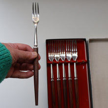 Load image into Gallery viewer, Vintage 1960s Hankyu JAPANESE Cutlery. Stainless Steel Very Long Forks with Teak Handles. Original Retail Box

