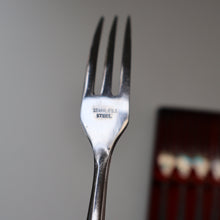 Load image into Gallery viewer, Vintage 1960s Hankyu JAPANESE Cutlery. Stainless Steel Very Long Forks with Teak Handles. Original Retail Box
