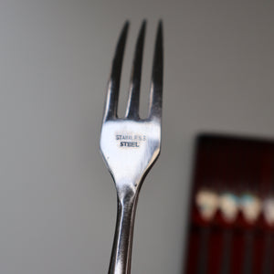 Vintage 1960s Hankyu JAPANESE Cutlery. Stainless Steel Very Long Forks with Teak Handles. Original Retail Box