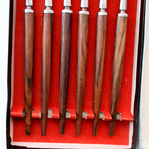 Vintage 1960s Hankyu JAPANESE Cutlery. Stainless Steel Very Long Forks with Teak Handles. Original Retail Box