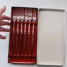 Load image into Gallery viewer, Vintage 1960s Hankyu JAPANESE Cutlery. Stainless Steel Very Long Forks with Teak Handles. Original Retail Box
