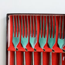 Load image into Gallery viewer, Vintage 1960s Hankyu JAPANESE Cutlery. Stainless Steel Very Long Forks with Teak Handles. Original Retail Box
