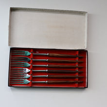 Load image into Gallery viewer, Vintage 1960s Hankyu JAPANESE Cutlery. Stainless Steel Very Long Forks with Teak Handles. Original Retail Box

