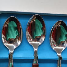 Load image into Gallery viewer, Vintage 1960s GLOSSWOOD Cutlery. Stainless Steel Dessert Spoons with Teak Effect Handles. Original Retail Box
