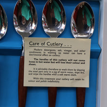 Load image into Gallery viewer, Vintage 1960s GLOSSWOOD Cutlery. Stainless Steel Dessert Spoons with Teak Effect Handles. Original Retail Box
