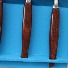 Load image into Gallery viewer, Vintage 1960s GLOSSWOOD Cutlery. Stainless Steel Dessert Spoons with Teak Effect Handles. Original Retail Box

