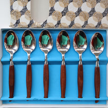 Load image into Gallery viewer, Vintage 1960s GLOSSWOOD Cutlery. Stainless Steel Dessert Spoons with Teak Effect Handles. Original Retail Box
